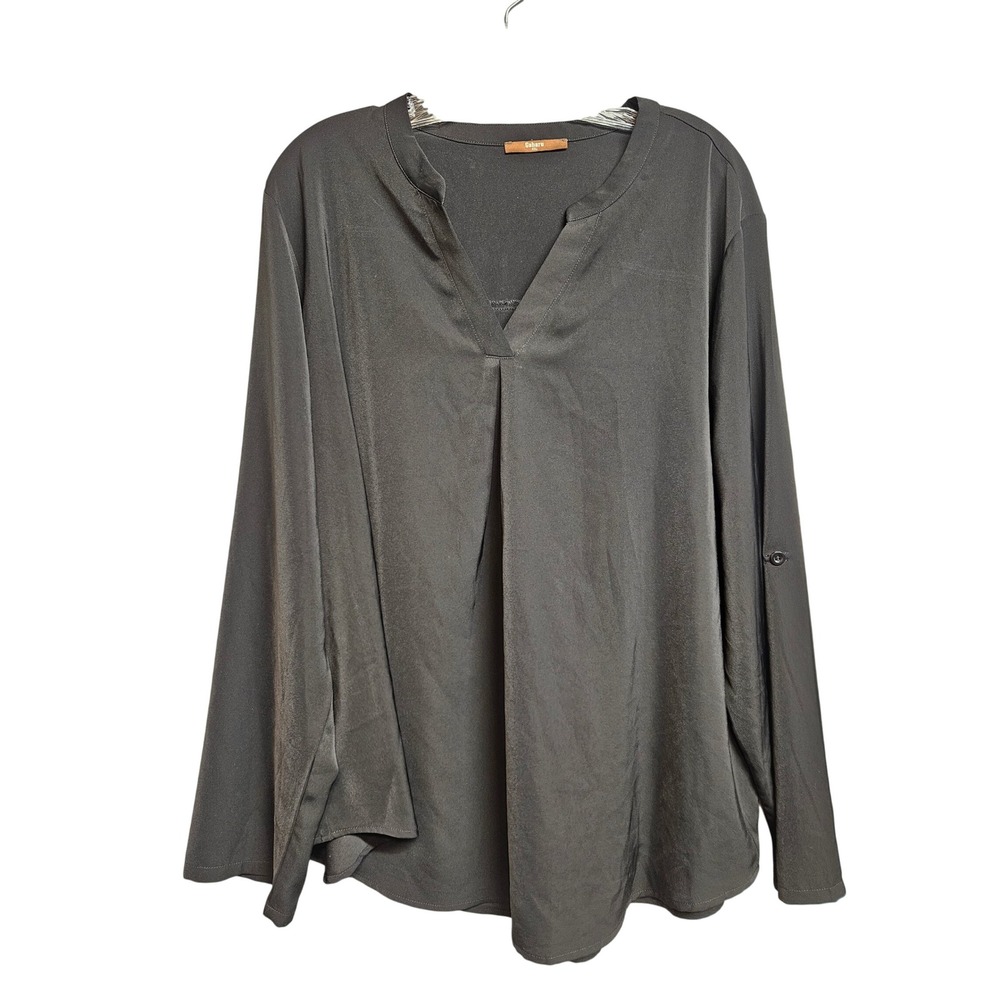 Gaharu Womens XXL Black Split Neck Roll Tab Sleeve Pleated Front Tunic Blouse
